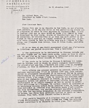 Carta de Juan Larrea a Alfred H. Barr Jr. del 21 de diciembre de 1947