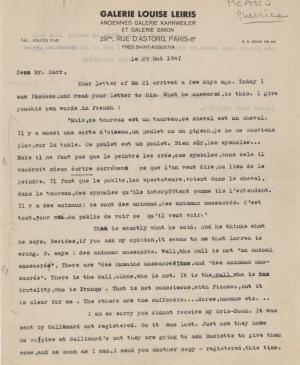 Daniel-Henry Kahnweiler's letter to Alfred H. Barr Jr., dated 29 May 1947