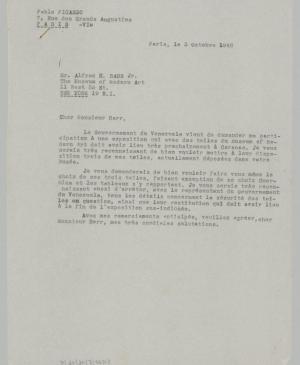 Carta de Pablo Picasso a Alfred H. Barr Jr. del 3 de octubre de 1948