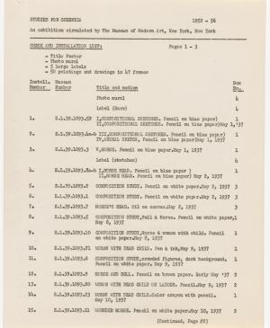 Listado de obras de la exposición Studies for Guernica