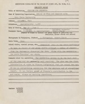 Publicity report for the exhibition Studies for Guernica by the School of Fine and Applied Arts, Columbus, Ohio, addressed to the Travelling Exhibitions Department at the Museum of Modern Art, New York