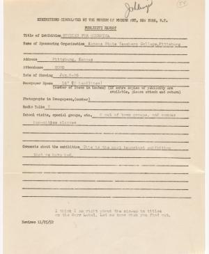Informe de publicidad de la exposición Studies for Guernica del Kansas State Teachers College, Pittsburg, dirigido al Departamento de Exposiciones Itinerantes del Museum of Modern Art de Nueva York