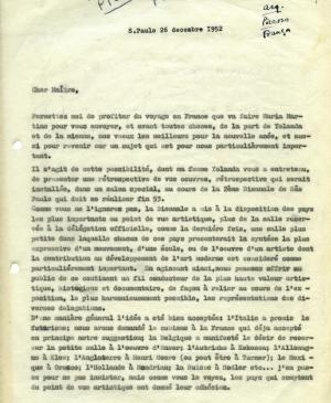Carta de Francisco Matarazzo Sobrinho a Pablo Picasso del 26 de diciembre de 1952