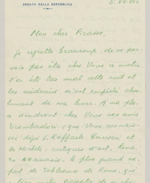 Eugenio Reale's letter to Pablo Picasso, date 5 December 1952