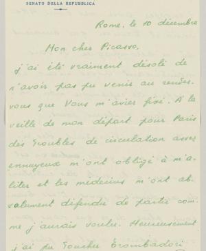 Eugenio Reale's letter to Pablo Picasso, dated 10 December 1952