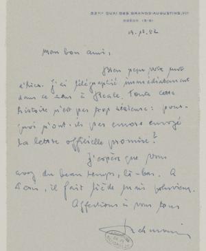 Daniel-Henry Kahnweiler's letter to Pablo Picasso, dated 13 December 1952