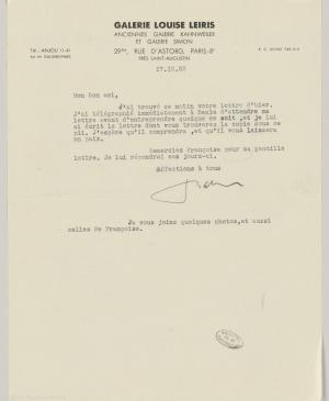 A letter from Daniel-Henry Kahnweiler to Pablo Picasso, dated 17 December 1952
