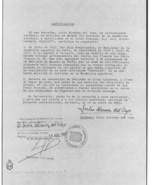 Certificación de Julio Álvarez del Vayo