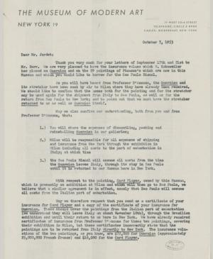 A letter from Letitia T. Howe to Pablo Picasso