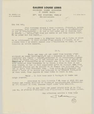 Daniel-Henry Kahnweiler's letter to Pablo Picasso, dated 3 January 1953