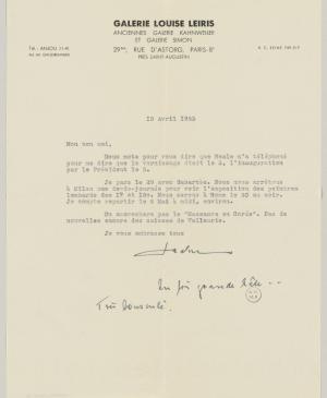 Daniel-Henry Kahnweiler's letter to Pablo Picasso, dated 18 April 1953