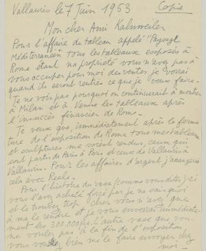 Pablo Picasso's letter to Daniel-Henry Kahnweiler, dated 7 June 1953