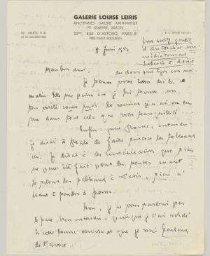 Carta de Daniel-Henry Kahnweiler a Pablo Picasso del 9 de junio de 1953