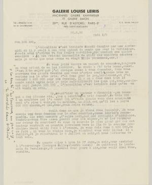 Carta de Daniel-Henry Kahnweiler a Pablo Picasso del 20 de junio de 1953