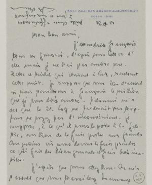 Carta de Daniel-Henry Kahnweiler a Pablo Picasso del 22 de julio de 1953