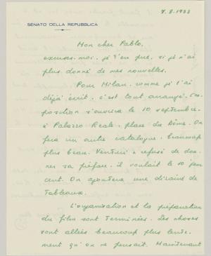 Carta de Eugenio Reale a Pablo Picasso del 7 de agosto de 1953