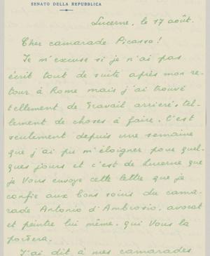 Carta de Eugenio Reale a Pablo Picasso del 17 de agosto de 1953