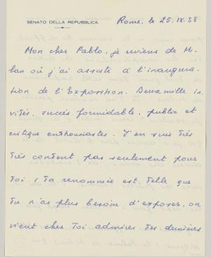 Carta de Eugenio Reale a Pablo Picasso del 25 de septiembre de 1953