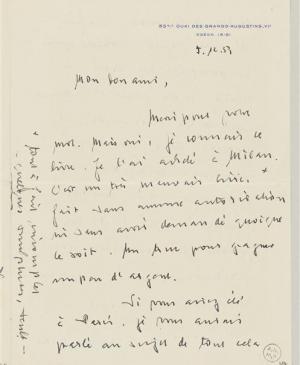 Carta de Daniel-Henry Kahnweiler a Pablo Picasso del 5 de diciembre de 1953