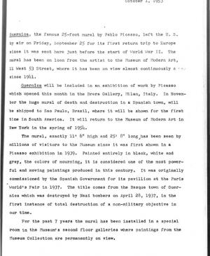 Nota de prensa del Museum of Modern Art de Nueva York sobre el viaje de Guernica a Europa