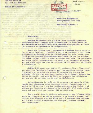 Maurice Jardot's letter to Francisco Matarazzo Sobrinho
