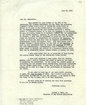 Alfred H. Barr Jr.'s letter to Daniel-Henry Kahnweiler, dated 15 June 1953