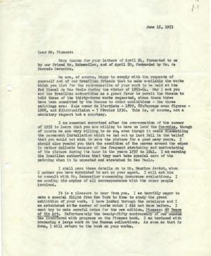 Carta de Alfred H. Barr Jr. a Pablo Picasso del 15 de junio de 1953