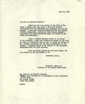 Carta de Alfred H. Barr Jr. a Paulo E. de Berrêdo Carneiro
