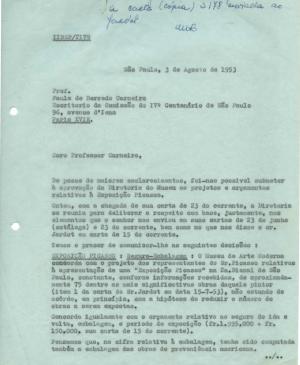 Carta de Arturo Profili a Paulo E. de Berrêdo Carneiro del 3 de agosto de 1953