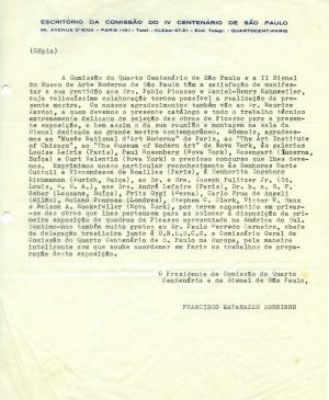 Nota de agradecimiento de Francisco Matarazzo Sobrinho