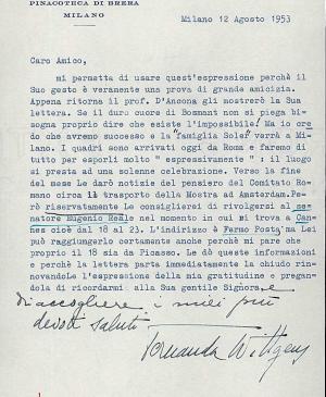 Carta de Fernanda Wittgens a Willem Sandberg del 12 de agosto de 1953