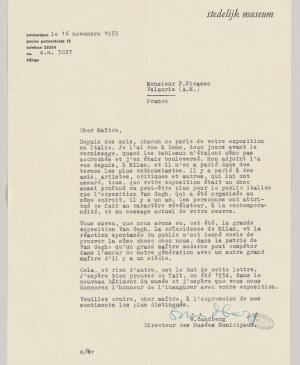 Willem Sandberg's letter to Pablo Picasso, dated 16 November 1953