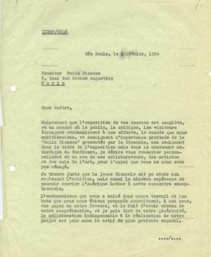 Carta de Francisco Matarazzo Sobrinho a Pablo Picasso del 14 de febrero de 1954