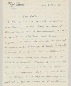 Carta de Eugenio Reale a Pablo Picasso del 29 de marzo de 1954
