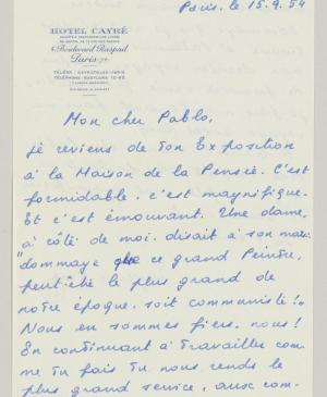 Carta de Eugenio Reale a Pablo Picasso del 15 de septiembre de 1954
