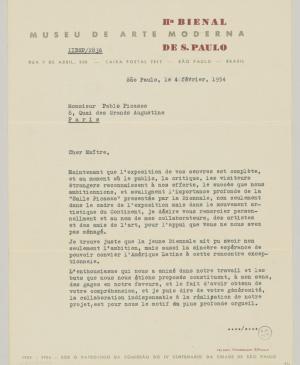 Carta de Francisco Matarazzo Sobrinho a Pablo Picasso del 4 de febrero de 1954