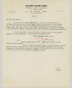 Carta de Daniel-Henry Kahnweiler a Pablo Picasso del 25 de junio de 1954