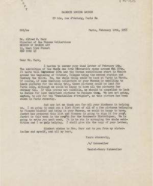 Daniel-Henry Kahnweiler's letter to Alfred H. Barr Jr., dated 10 February 1955
