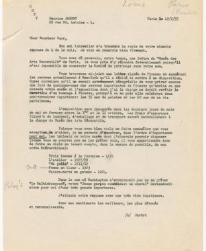 Maurice Jardot's letter to Alfred H. Barr Jr.