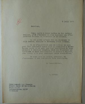 Carta de François Mathey al director del Gesellschaft der Freunde junger Kunst Baden-Baden