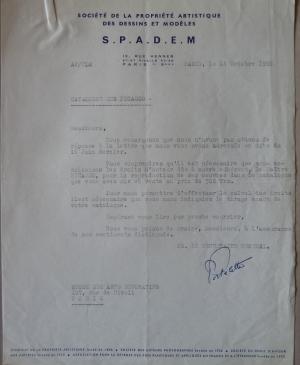 A letter from the Société de la Propriété Artistique et des Dessins et Modèles (S.P.A.D.E.M.) to the Musée des Arts Décoratifs 