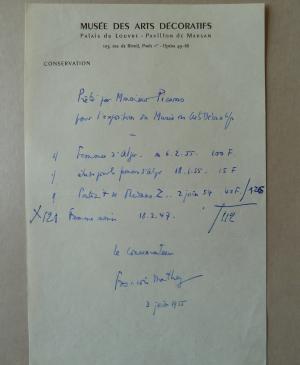 Listado con tres obras de Picasso para la exposición del Musée des Arts Décoratifs