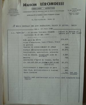 Factura de R. Lerondelle por la entrega de las obras llegadas de Nueva York