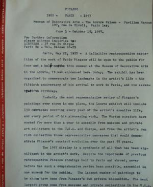 Nota de prensa sobre la inauguración de la exposición Picasso del Musée des Arts Décoratifs de París