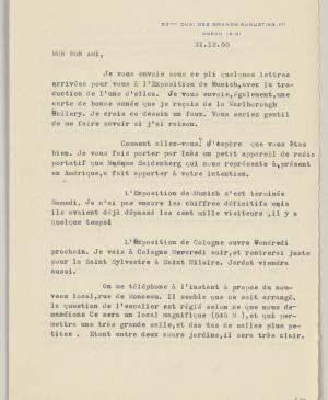 Daniel-Henry Kahnweiler's letter to Pablo Picasso, dated 21 December 1955