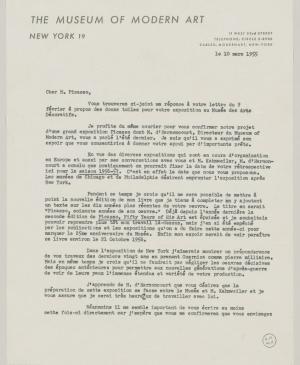 Carta de Alfred H. Barr Jr. a Pablo Picasso del 10 de marzo de 1955