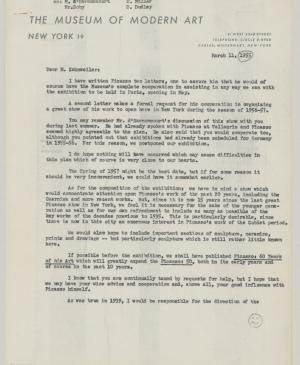 Carta de Alfred H. Barr Jr. a Daniel-Henry Kahnweiler del 11 de marzo de 1955