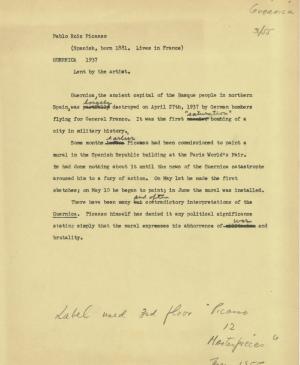 Annotation on the exhibit label for the exhibition Picasso: 12 Masterworks