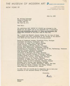 Carta interna del Museum of Modern Art de Nueva York a William S. Lieberman