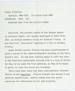 Cartela del Museum of Modern Art de Nueva York para Guernica